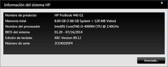 A través de Información del Sistema HP